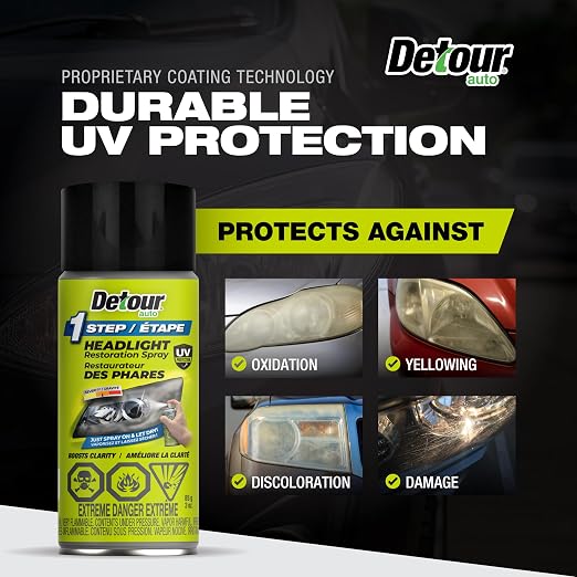 Detour 1-Step Headlight Restoration Spray - 2-in-1 Headlight Coating and Quick Restorer for Plastic Car Headlights, Long-Lasting UV Protection, Easy to Apply, 3 oz
