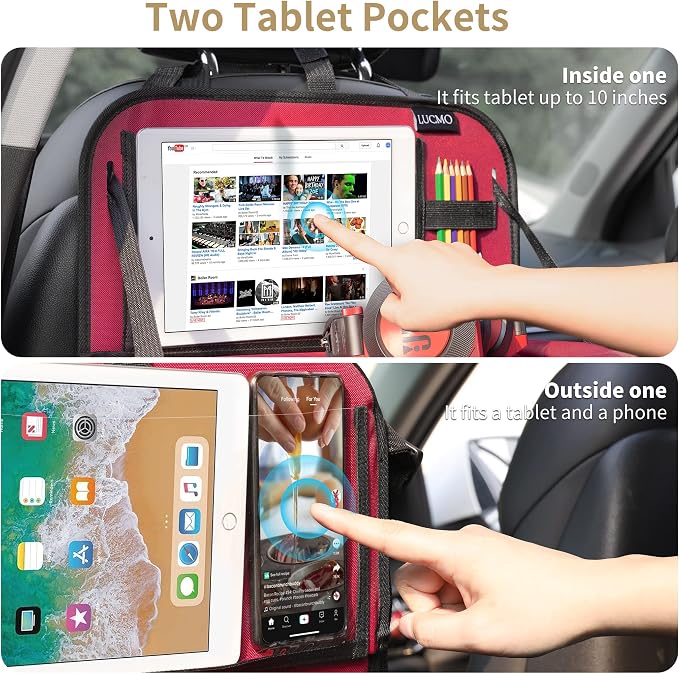 LUCMO Car Backseat Organizer with Foldable Tablet Holder,Red | 6 Storage Pockets,Foldable Food Tray,Protectors Kick Mats,Travel Accessories,Seat Cover,Road Trip Essentials