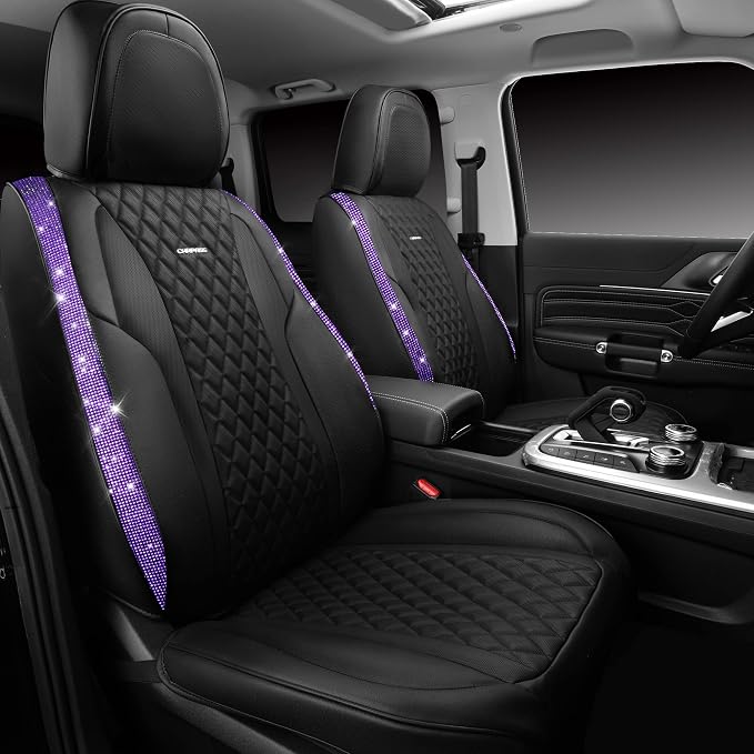 CAR PASS Bling Nappa Leather Car Seat Cover for Full Set Universal Luxury Waterproof Heavy-Duty Anti-Slip Cushioned Fit for SUV Sedan, Sparkly Glitter Shining Diamond Violet Crystal Purple Rhinestones