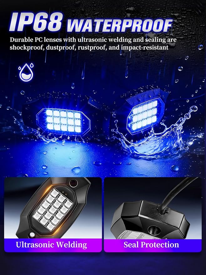 4 Pods RGB LED Rock Lights with APP/RF Remote Control High Brights Waterproof Underglow Multicolor Zone Neon Exterior Rock Lights for 12V Trucks Jeep UTV ATV RZR Offroad Pickup SUV Accessory