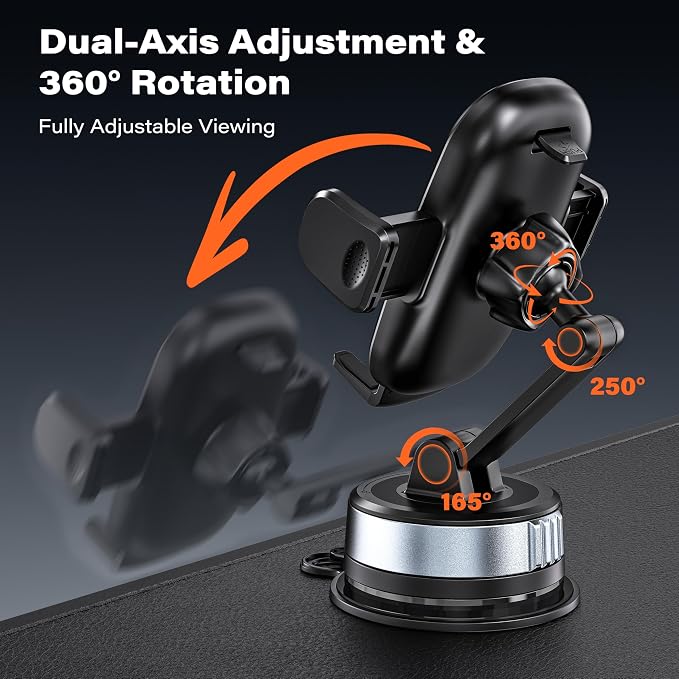 APPS2Car Car Phone Mount for Dashboard & Windshield, Strong Suction Cup Cell Phone Holder with One-Touch Release, 360°Rotation & Dual-Axis Arm, Hands-Free Car Phone Holder for iPhone, Samsung & More