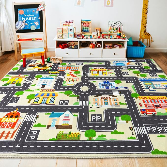 Car Rug Play Mat for Kids Toy Cars, City Road Traffic Playmat for Kid Bedroom, Non-Slip Machine Washable Kids Rugs for Learn and Have Fun 3'x4'/ 36"x48", Beige