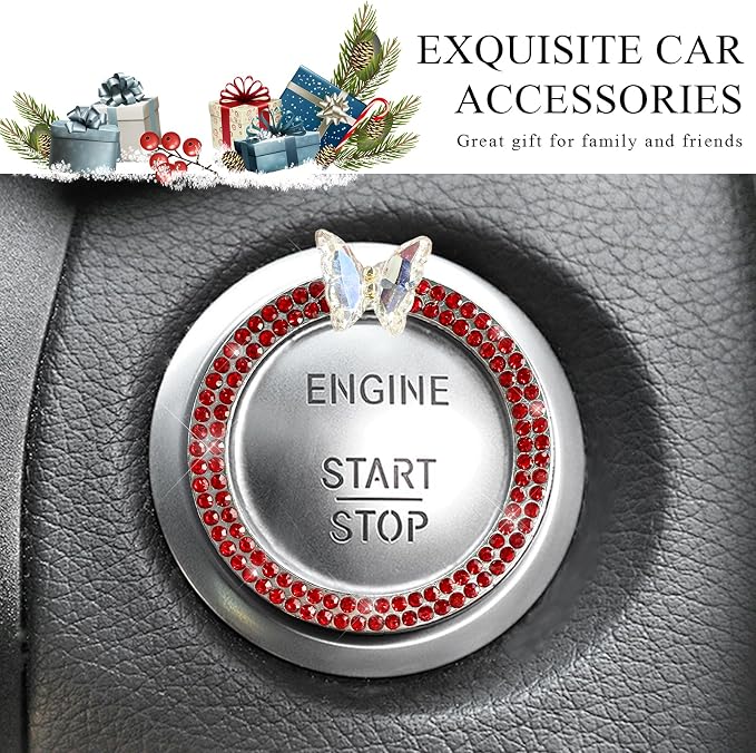 DXNQ 2PCS Bling Ring Emblem, Sparkling Butterfly Car Buttons and Knobs Ring, Girly Butterfly Diamond Car Engine Start Button Cover, Key Ignition Knob Rings Decoration for Women (Red, Double Row)