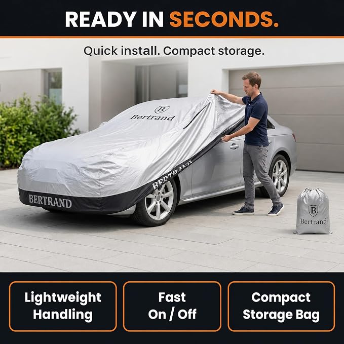 BERTRAND Heavy Duty Sedan Car Cover Waterproof All Weather - Snow, Rain & UV Outdoor Protection | Cotton-Lined, Up to 10-Point Anchoring + Door Zipper | Extra Large Sedans, Silver-Black (195x75, A3)