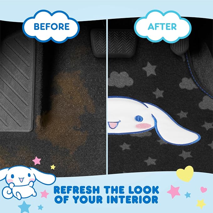 Cinnamoroll Carpet Car Floor Mats - Universal Fit for Cars, SUVs & Trucks - Super Cute Cinnamoroll Print & Pattern Accents - Front & Rear Set, 4 Piece