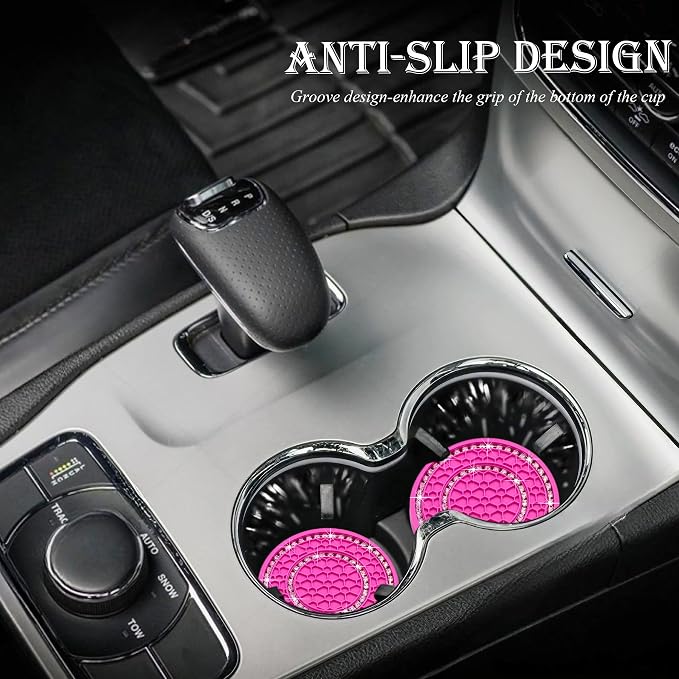 2PCS Bling Crystal Rhinestone Cup Holder Coaster, 2.75 inch Soft Silicone Anti-Slip Shockproof, Car Cup Holder Insert Coasters, Universal Car Interior Accessories for Women (Rose Red & White)