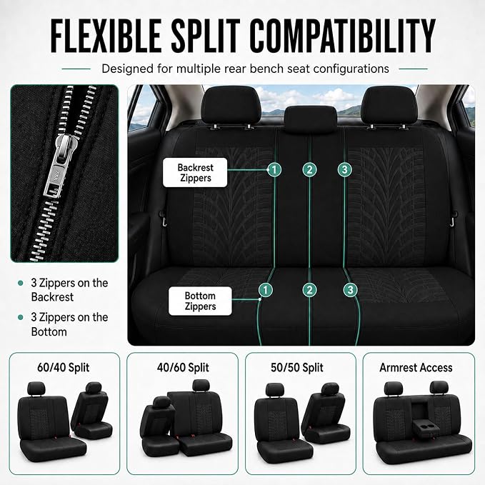 FH Group Full Set Travel Master Car Seat Covers, Airbag and Split Rear Car Seat Cover Universal Fit Interior Accessories for Cars Trucks SUV, Automotive Seat Covers,Black