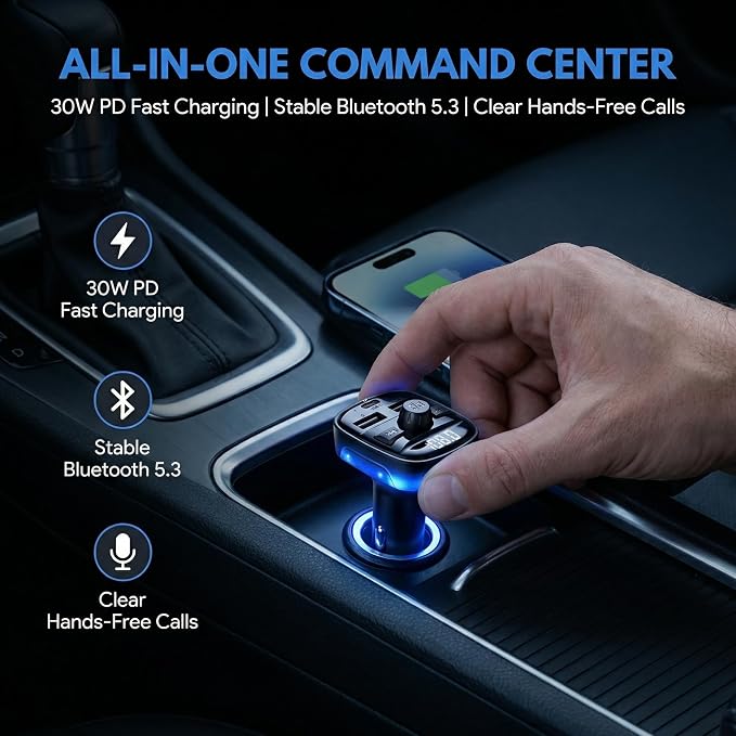 Bluetooth 5.3 Car Adapter Charger, Wireless FM Bluetooth Transmitter | Fast Charge Wireless Radio FM Transmitter with Deep Bass Player, LED Backlit, Hands-Free Calling,Support MP3 Player USB Drive