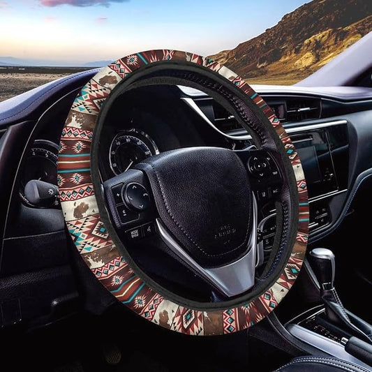 Wanyint Aztec Brown Cow Print Red Auto Steering Wheel Cover Unviersal 15 inch Steering Wheel Wrap Cover Auto Interior Accessories Decor All Seasons