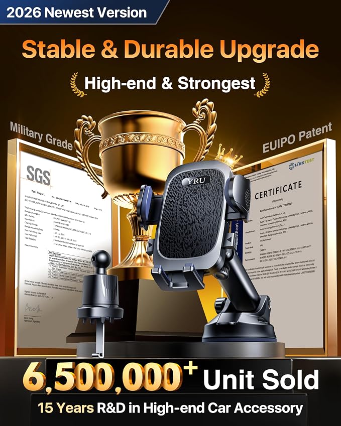 YRU True Military-Grade [360° Rotation Suction] 2026 Ultimate Car Phone Holder Mount【90+LBS Safest Strongest & Patent Certs】 Dash Windshield for iPhone 17 16 Pro Max Speakerphones, Jet Black