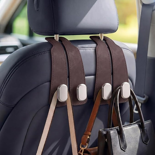 Car Seat Headrest Hooks for Purses & Shopping Bags, 2 Pack Suede Car Purse Hook, Double Hooks Secure Bags While Driving, Elegant & Durable, Simple to Install, Fits Handbags, Grocery Bags, Bottles.