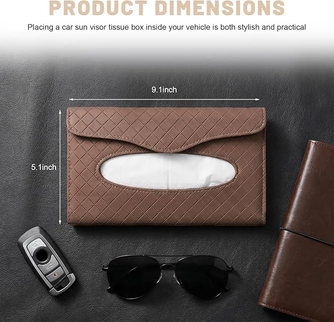 Car Tissue Holder, Auto Sun Visor Napkin Holder Hanging Paper Towel Dispenser with Tissue Refill, Easy Access Leather Paper Towel Storage Case for Most Vehicle Visors (Brown)