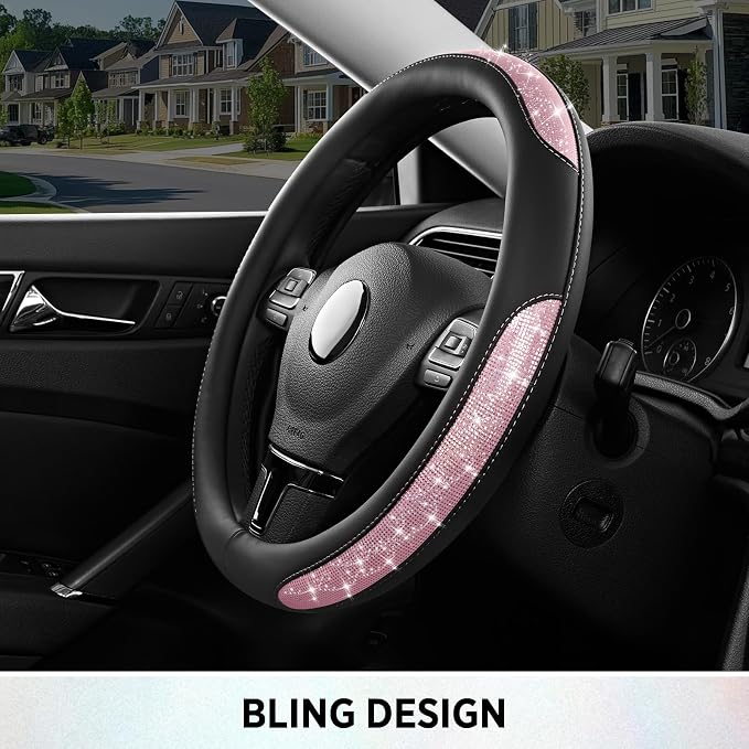Road Comforts Pixel Glitter Steering Wheel Cover, 14.5–15 Inch Leather Steering Wheels Snug Fit, Anti-Slip Leather Grip, Elegant Sparkle Design, Universal Fit - Light Pink
