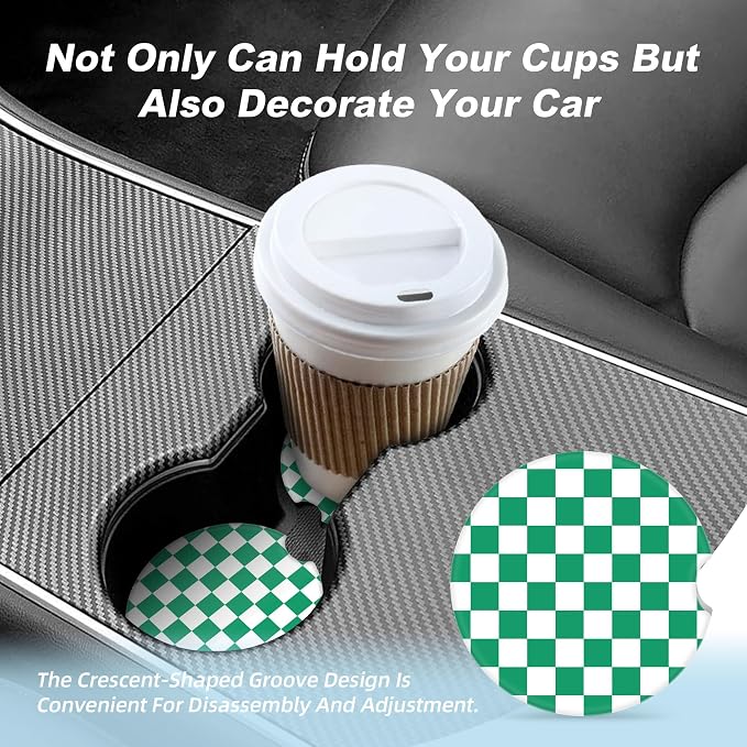 Green and White Checkered Car Coasters for Cup Holders,2 Pack Car Cup Holder Coasters for Car,Ceramic Absorbent Car Coaster with A Finger Notch and Cork Base,Car Interior Accessories for Women Men