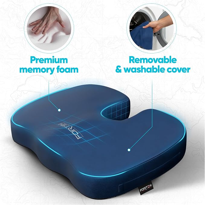 FORTEM Seat Cushion, Office Chair Cushion, Memory Foam Car Seat Cushions, Sciatica Coccyx Tailbone Pain Relief, Chair Cushions for Back Support, Sitting Pad for Gaming, Washable Cover, Non Slip