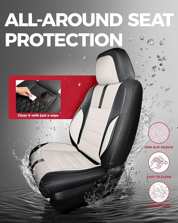 FREESOO Universal Full Seat Covers, Waterproof Faux Leather Automotive Seat Covers with Carbon Fiber Texture Seat Belt Pads, Anti-Slip Airbag Compatible Car Seat Covers for Cars SUVs Trucks