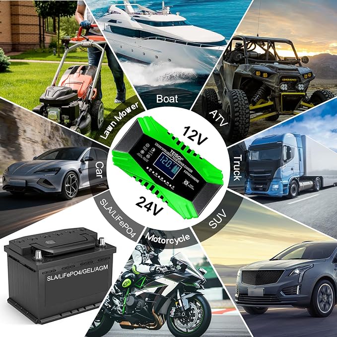 Battery Charger,12-Amp 12V/24V Smart Battery Trickle Charger | Automotive Battery Maintainer Desulfator,with Temperature Compensation,for Car Motorcycle Mower Lead Acid/LiFePO4
