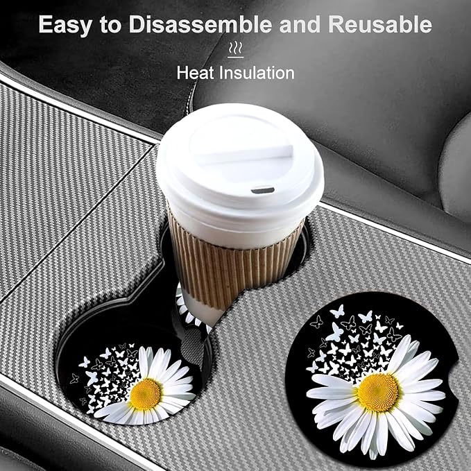 2 Pack Daisy Butterfly Car Cup Holder Coasters Universal Neoprene Coasters | 2.75" Universal Size Anti Slip Rubber Mat, Auto Cup Holder Accessories for SUV Truck, Daisy Gifts for Women Men