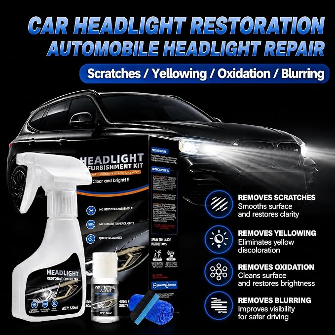 Fvquhvo Headlight Restoration Kit, Headlight Oxidation Remover with UV Protection Coating, Headlight Lens Restorer & Cleaner for Yellowing & Cloudy Lenses, Headlight Polishing Kit, Quick & Easy DIY