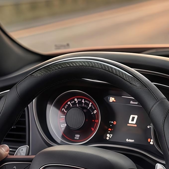 Leather Car Steering Wheel Cover, 14.5-15Inch Anti-Slip Steering Wheel Cover, Universal for Cars Truck SUV, Car Accessories (Black - Black line)