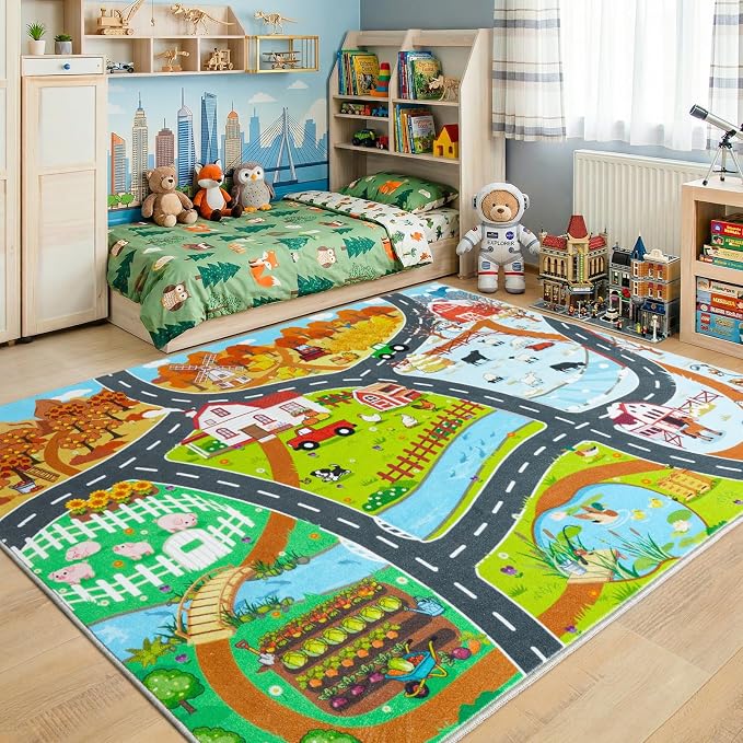 Kids Educational Rug, Town Country Barn Track Road Carpet Playmat with Non-Slip Backing, Play Mat for Roads Washable Rugs Four Seasons Theme Farm Scene Mat for Kids Room Bedroom Game Safe Area, 3'x4'