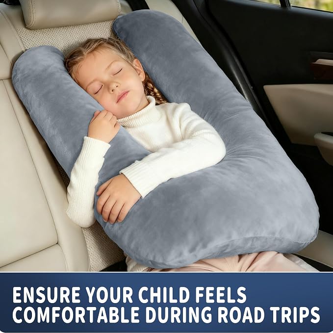 Travel Pillow,Car Pillow for Kids on Road Trip,Head and Neck Support,Blue | Car Travel Essentials Sleeping Pillow for Kids and Adults with Adjustable Strap,Plush Faux Fur, High-Resilience PP Cotton