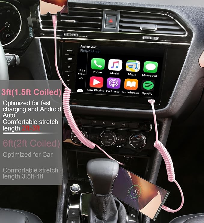USB C to USB C Cable [3FT+6FT], 2Pack Coiled USBC Cable for Car USB Type C | Fast Charging Cable, CarPlay iPhone USB-C Cable/Android Auto USB C Cord for iPhone 17/16/ 15/Pro Max/Samsung Galaxy S23-Pink