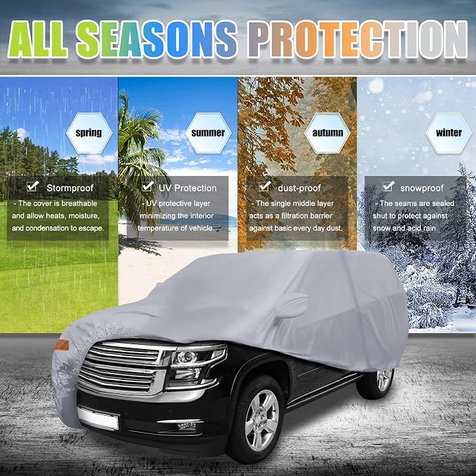 X AUTOHAUX SUV Car Cover for Chevrolet Tahoe 4 Door 2007-2024 Outdoor Waterproof Sun Rain Dust Wind Snow Protection 190T PU W/Driver Door Zipper Gray