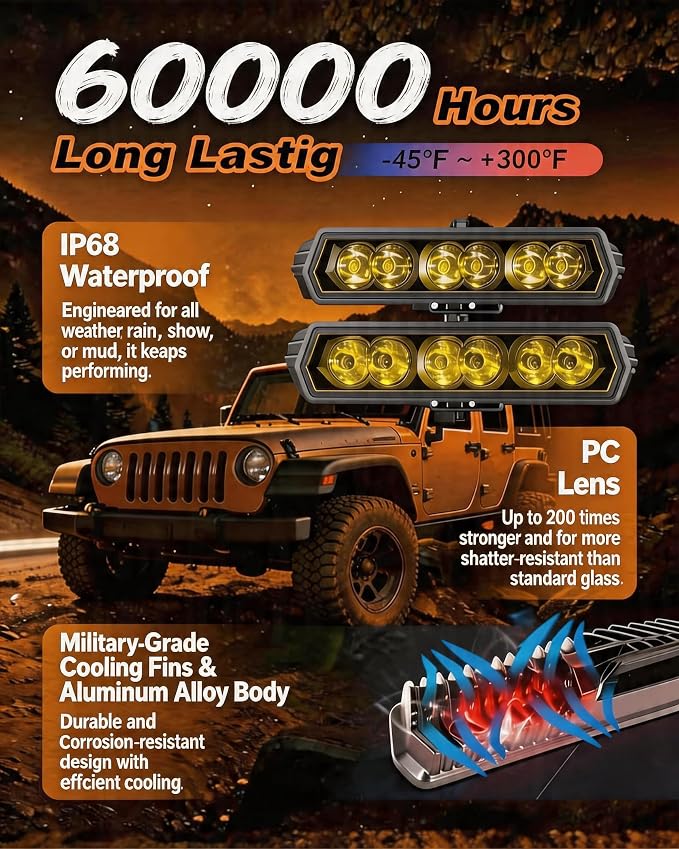 Yellow LED Light Bar 6" 120W Spot Beam, 2PCS Off Road Fog Lights | 30° Spot Beam with 5D Optic Lens | 120W Native Yellow LED | 2PCS + DT Wiring Harness | IP68 Waterproof for Truck SUV ATV UTV