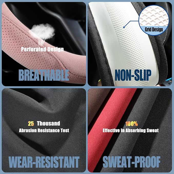 Pink Suede Steering Wheel Cover Small 13.5 inch to 14 inch | Warm in Winter and Cool in Summer, Felt Car Accessories, Breathable Non-Slip Sweat-Proof Wear-Resistant for Civic Prius