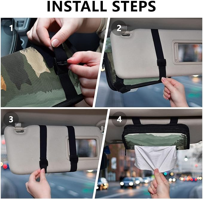 Car Visor Tissue Holder Mask Holder for Car, Car Tissue Box Sun Visor Napkin Holder Car Visor Accessories Adjustable Straps Reusable Durable Easy to Install Cute Wolves Back and Green Mountai