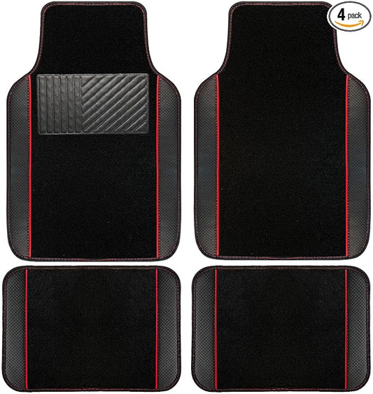 NBTEPEM Waterproof Universal Fit Car Floor Mats, Faux Leather Sporty Car Carpet Mats with Anti-Slip Nibbs Backing & Driver Heel Pad Fit for SUV, Vans, Sedans, Trucks, Set of 4 (Black with Red line)