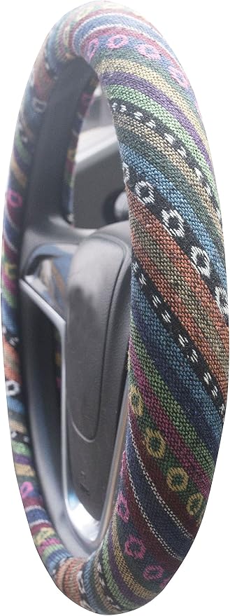 Medium Ethnic Style Coarse Flax Cloth Automotive Steering Wheel Cover Anti Slip and Sweat Absorption Auto Car Wrap Cover (14.5''-15'',C)