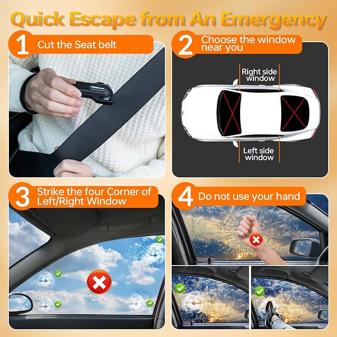 THINKWORK Window Breaker & Seatbelt Cutter - Car Safety Hammer with Tungsten Steel Tip (One-Second Break), Emergency Escape Tool for Vehicle Accidents/Home Fires/Office Lockdowns/School Emergencies