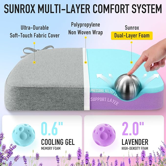 SUNROX Cooling Gel Memory Foam Chair Cushions, 2.6" Thick U-Shaped Dual-Layer Comfort Dining Chair Pads, Non Slip Seat Cushion with Ties for Indoor Kitchen Office 17"x16" Set of 8, Heather Grey