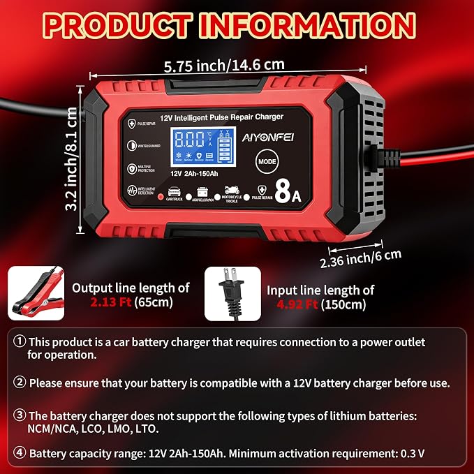 12V Battery Charger 8-Amp Smart Trickle Charger, Red | Battery Maintainer and Desulfator, Temperature Compensation, for Car, Truck, SUV, Motorcycle, Boat, Lead Acid, LiFePO4 ﻿