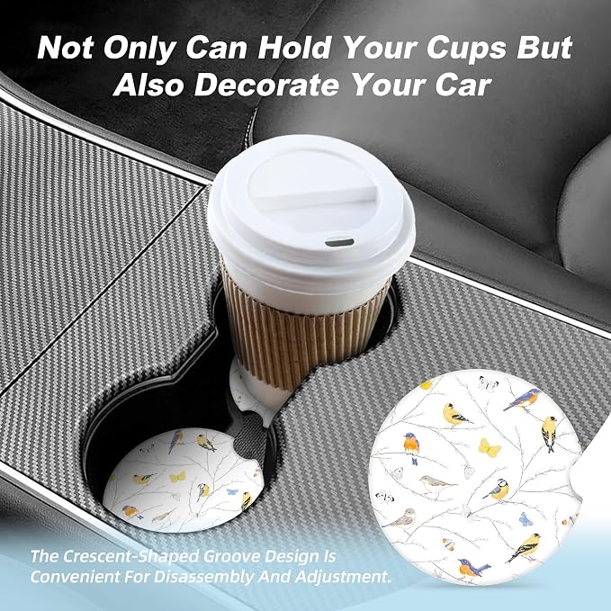 Bird Butterfly Car Coasters for Cup Holders,2 Pack Car Cup Holder Coasters for Car,Ceramic Absorbent Car Coaster with A Finger Notch and Cork Base,Car Interior Accessories for Women Men