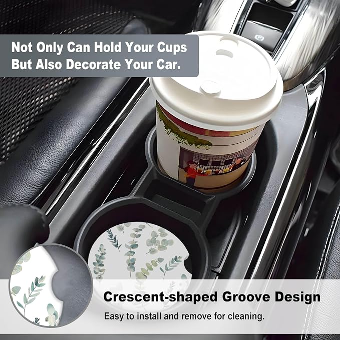 2 Pack Car Coasters for Cup Holders, 2.56" Universal Absorbent Ceramic Stone Car Cup Holder Coasters with Non-Slip Cork Base, Car Interior Accessories for Women Men(Green Leaf)