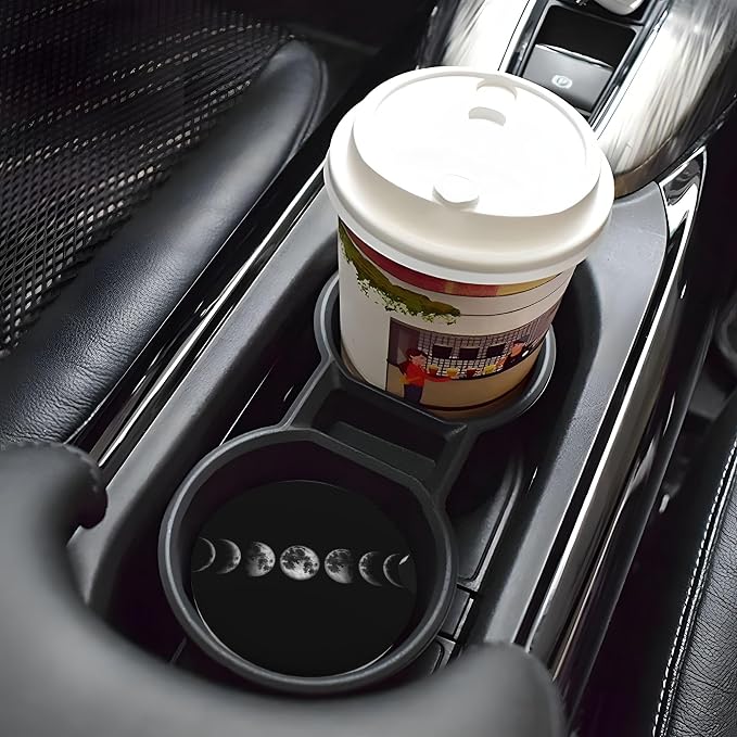 Moon Art Car Cup Holder Coasters 2 Pack 2.63" for Women | Universal Anti Slip Ceramic Absorbent Coaster with Cork Base and Finger Notch Cute Car Accessories Interior