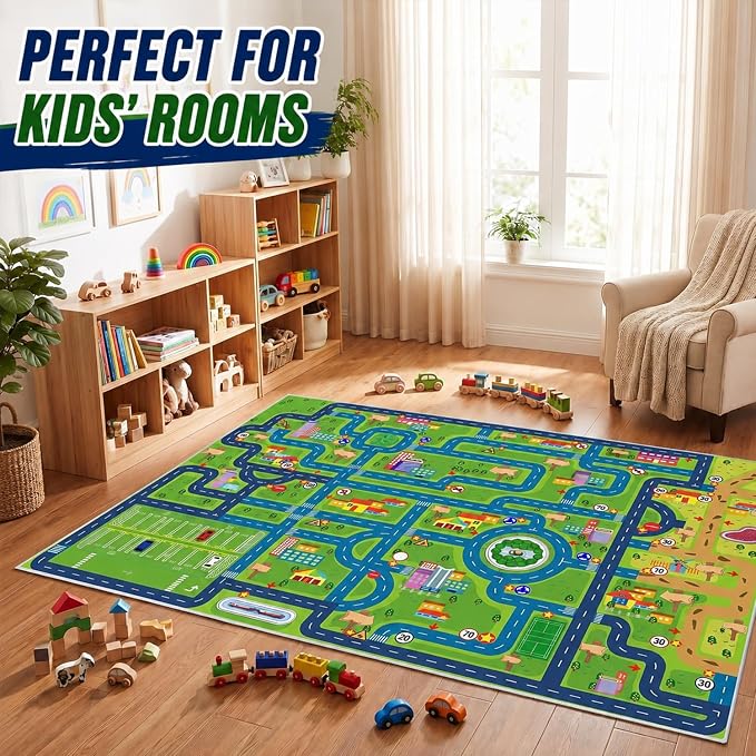 yongjoy Car Rug Road Map Area Rug, 59" x 39.4" Non-Slip Floor Mat | Road Map Pattern, Colorful Car-Themed Design, Soft Low-Pile Surface, Non-Slip Backing