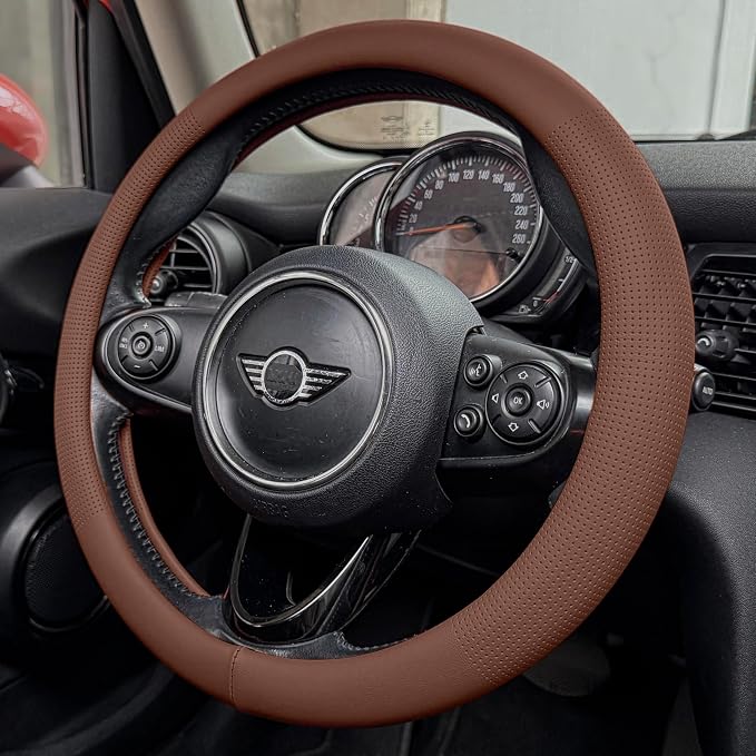 PINCTROT Large Size Nappa Leather Steering Wheel Cover, Slim Fit No Bulk Design, One Piece Leather with Breathable Perforation, Fit Like Gloves, 15.5-15.75 Inch(Nappa Brown)
