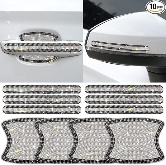 10PCS Car Door Handle Bling Rhinestones Stickers, Black & Sliver | Universal Auto Door Handle Safety Reflective Strips, Cute Car Decoration