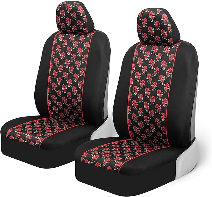 BDK Red Rose Car Seat Covers for Front Seats, 2 Pack – Flower Pattern Front Seat Cover Set with Matching Headrest, Sideless Design for Easy Installation, Fits Most Car Truck Van and SUV