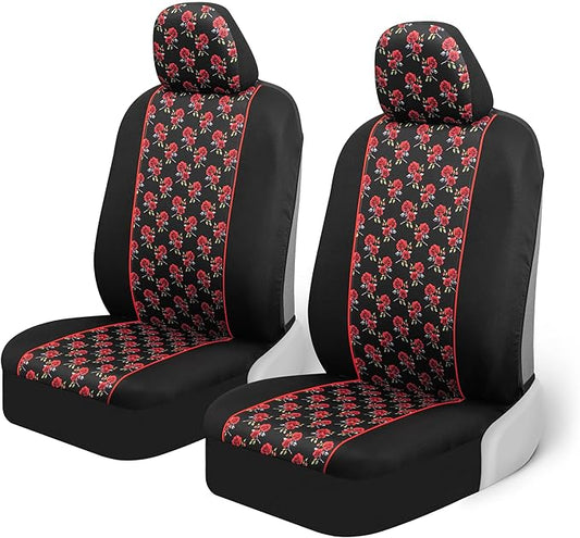 BDK Red Rose Car Seat Covers for Front Seats, 2 Pack – Flower Pattern Front Seat Cover Set with Matching Headrest, Sideless Design for Easy Installation, Fits Most Car Truck Van and SUV