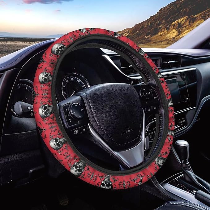 AFPANQZ Car Steering Wheel Covers Sweat Absorption Comfort Grip for Men | Skull Bat Red Print, Halloween Decor, Car SUV Sedans Interior Accessories, Steering Wheel Protection Sweat Absorption