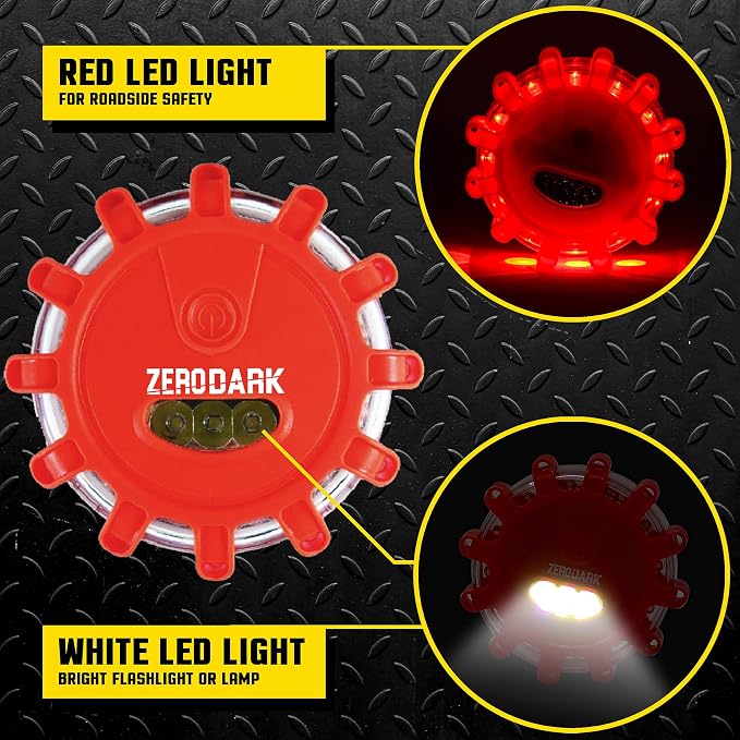 ZeroDark Road Flares LED Flashing Warning Light Emergency Roadside Safety Disc Highlights With Magnetic Base & Hook For Vehicles & Boat 1Pack