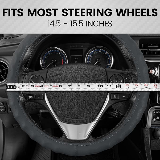 BDK SW-899-MG Genuine Leather Car Steering Wheel Cover 14.5-15 inch Medium/Gray, Easy Installation