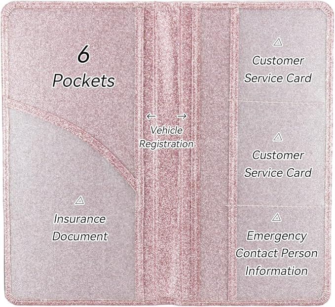 Car Registration and Insurance Holder, Bling Premium Pu Leather Vehicle Glove Box Organizer, Prefect Leather License Registration Holder for Driver License, Cards & Essential Documents (Pink)