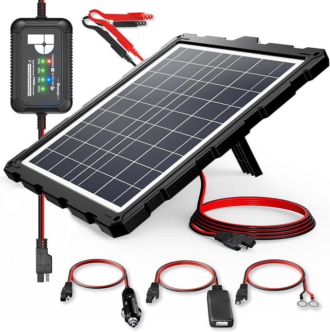 POWOXI-Upgraded-20W-Solar-Battery-Charger-Maintainer, External Smart 3-Stages PWM Charge Controller, 12V Solar Panel Trickle Charging Kit for Car, Motorcycle, Marine, RV, etc