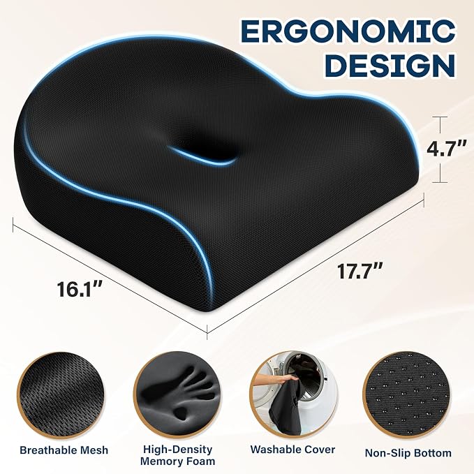 Seat Cushion for Pressure Relief - Ergonomic Home & Office Chair Cushions for Tailbone, Hip, Sciatica Support, Memory Foam Chair Pad for Long Sitting, Driving (Black)